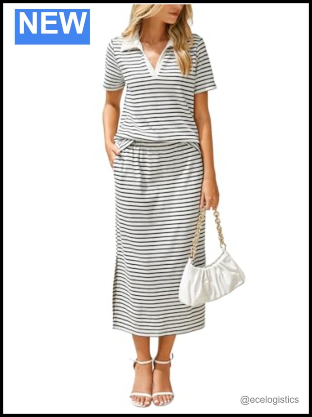 2 Piece Skirt Set Womens Summer Knit Striped Short Sleeve Lounge Travel